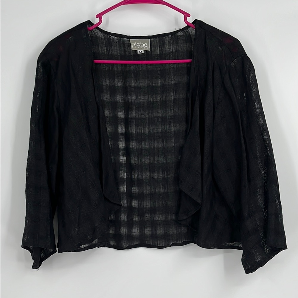 Vintage Niche Nilgun Derman Black Sheer Checkered Linen Open-Front Cardigan